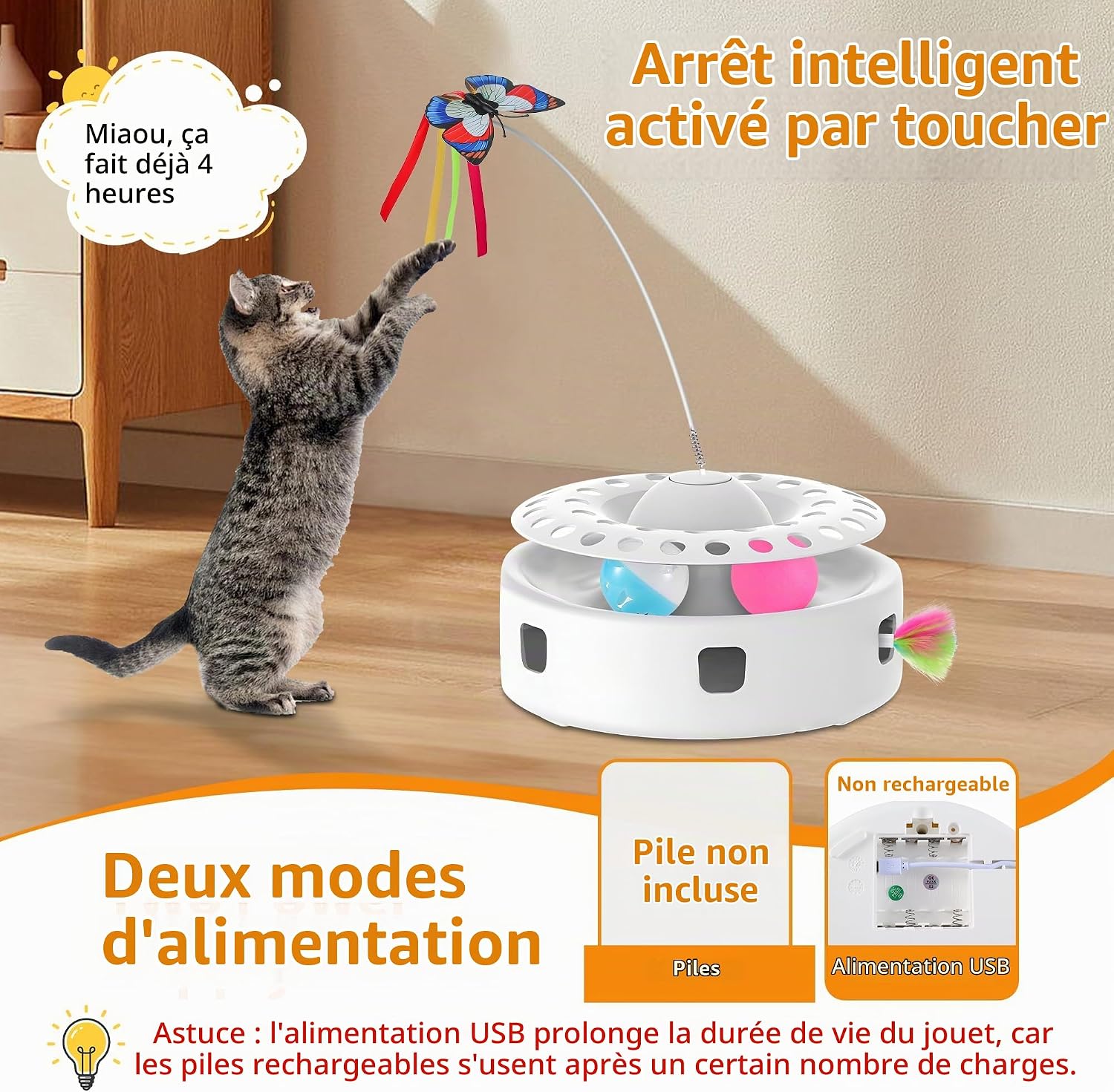Jouet chat interactif 3 en 1 Soarer blanc avec plume, papillon et piste à balles, vue 6