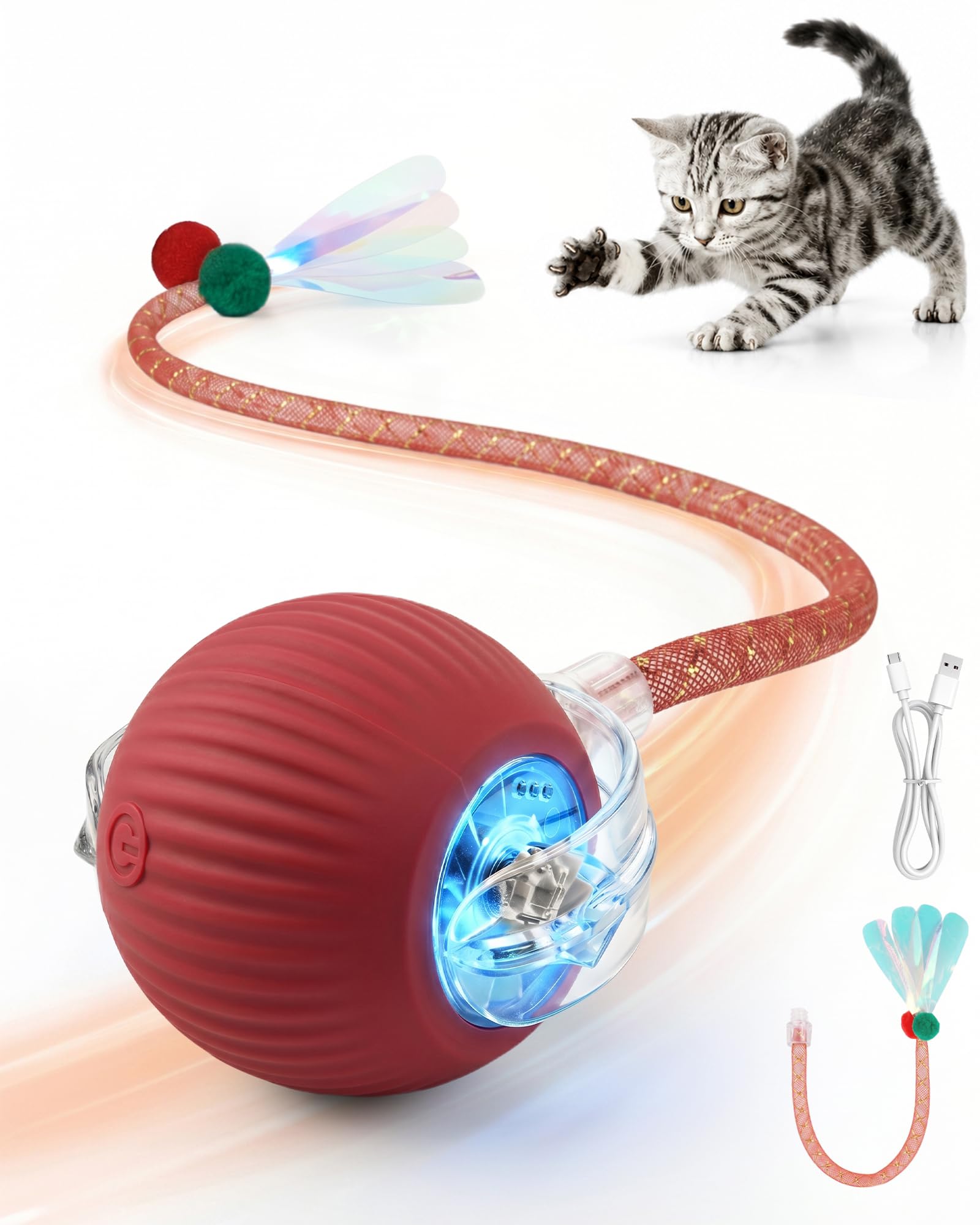 Balle électrique interactive rouge pour chat avec sa queue