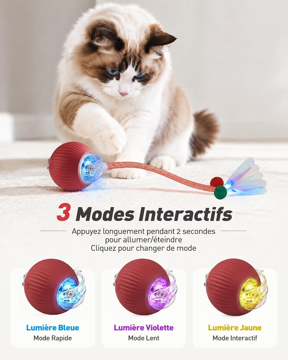 Balle électrique interactive rouge pour chat avec sa queue, vue 2