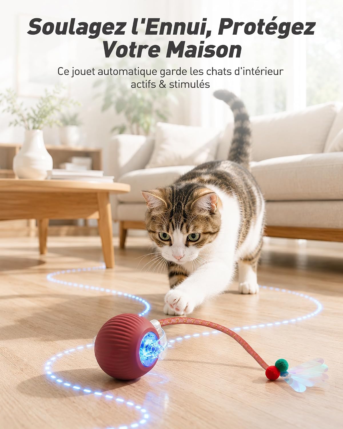 Balle électrique interactive rouge pour chat avec sa queue, vue 3
