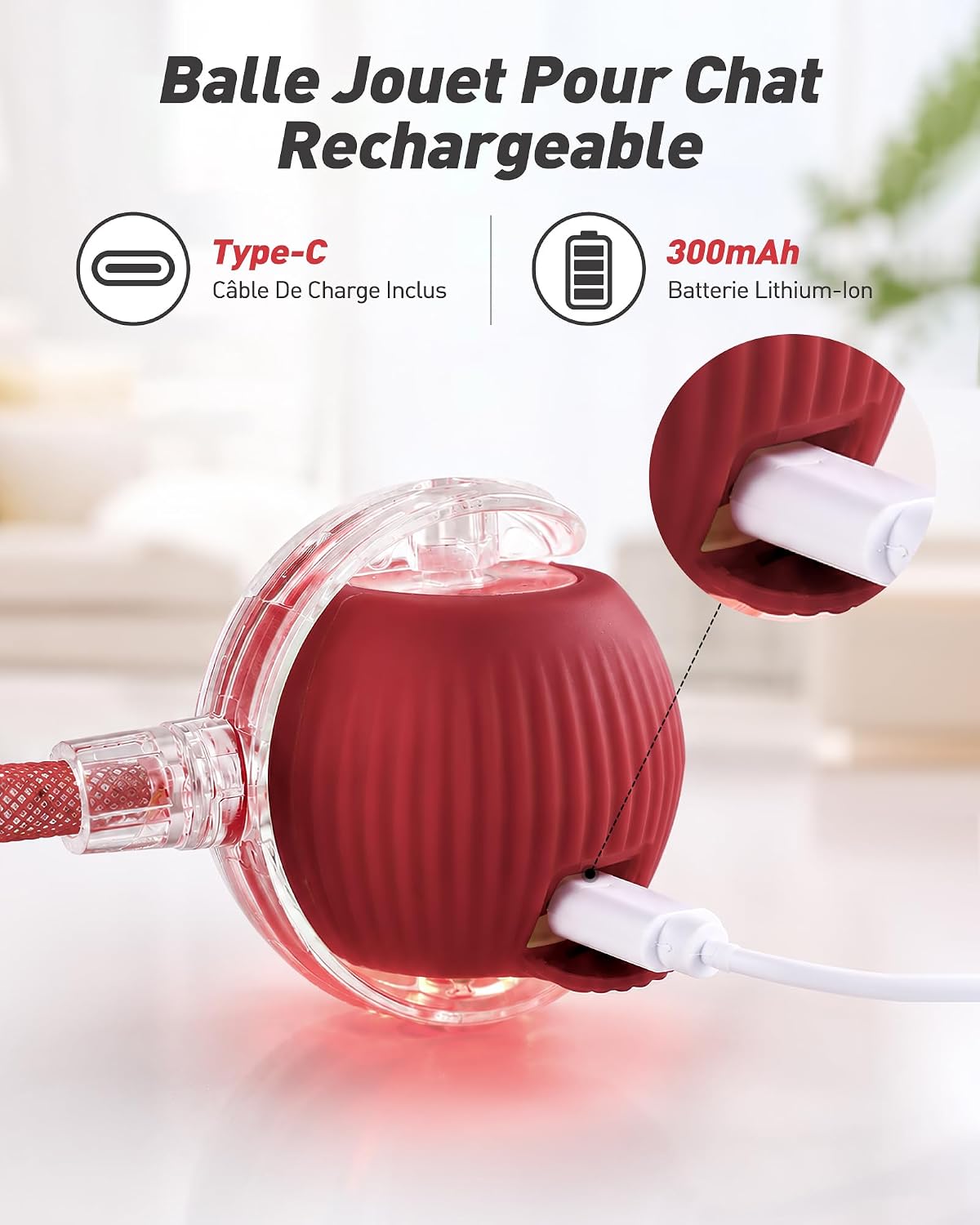 Balle électrique interactive rouge pour chat avec sa queue, vue 4