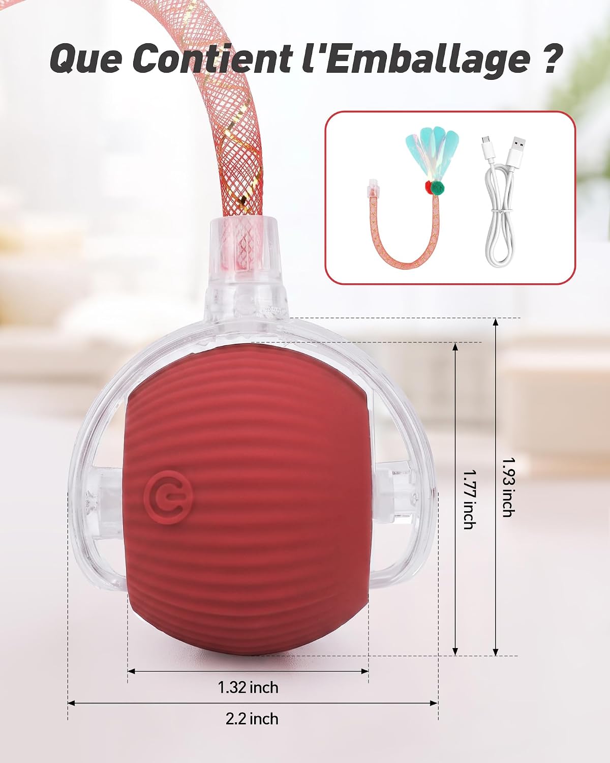 Balle électrique interactive rouge pour chat avec sa queue, vue 6