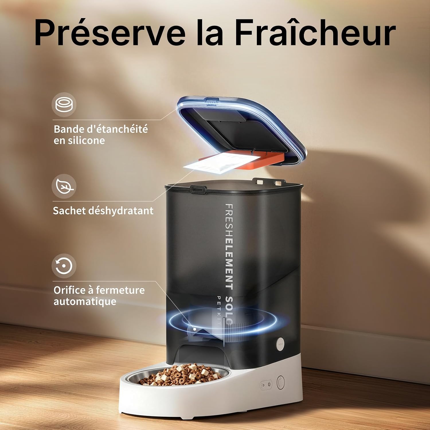 Distributeur de croquettes PETKIT Fresh Element Solo gris clair avec gamelle inox, vue 4
