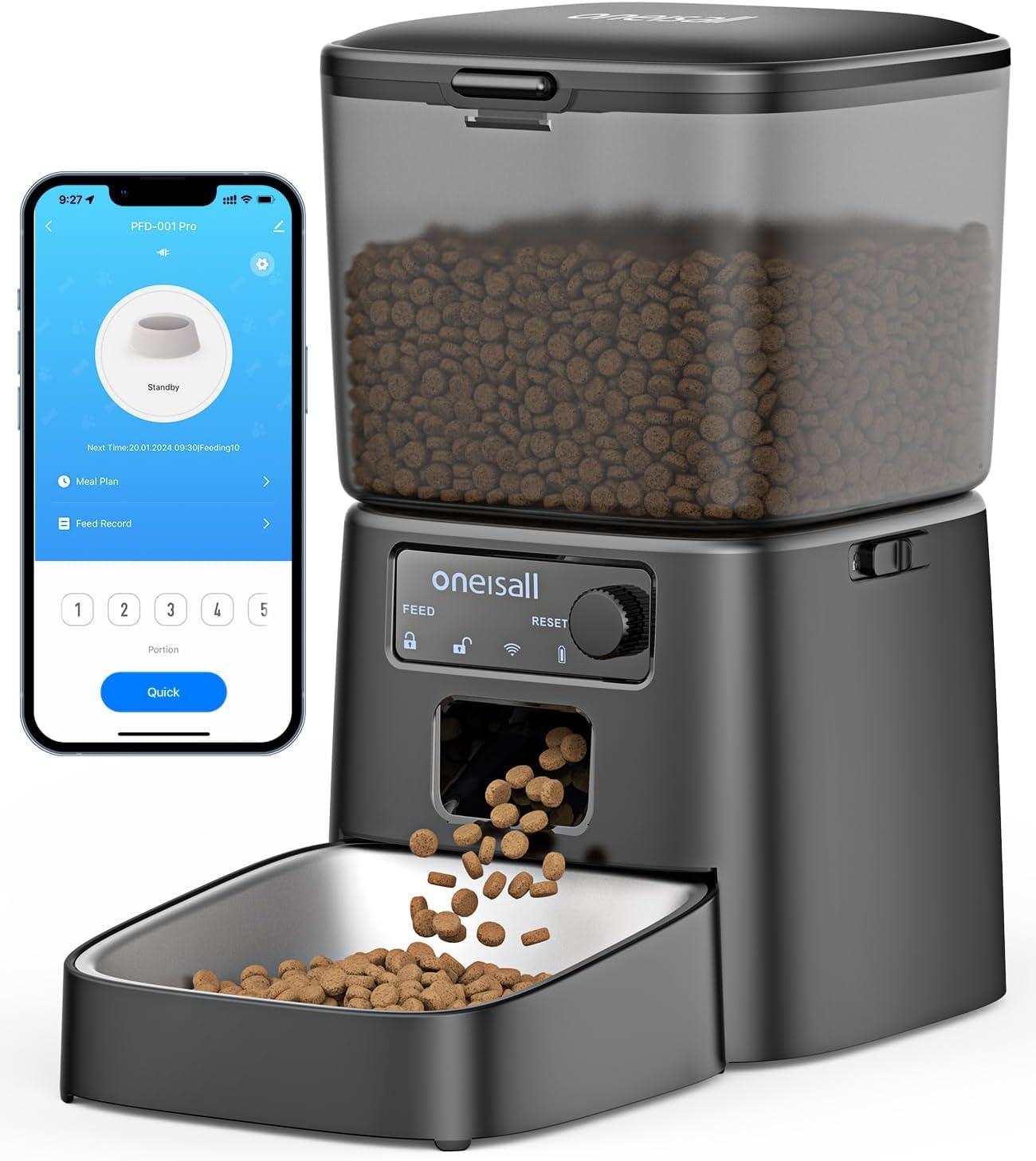 Distributeur de croquettes automatique oneisall 3,5 L noir avec gamelle inox