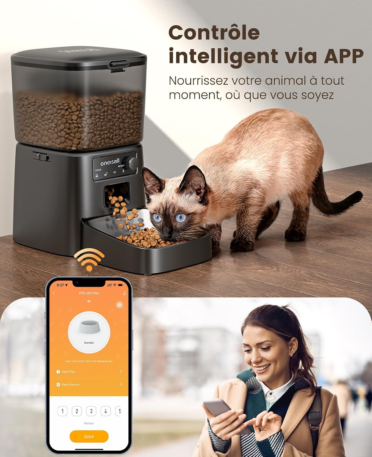 Distributeur de croquettes automatique oneisall 3,5 L noir avec gamelle inox, vue 2