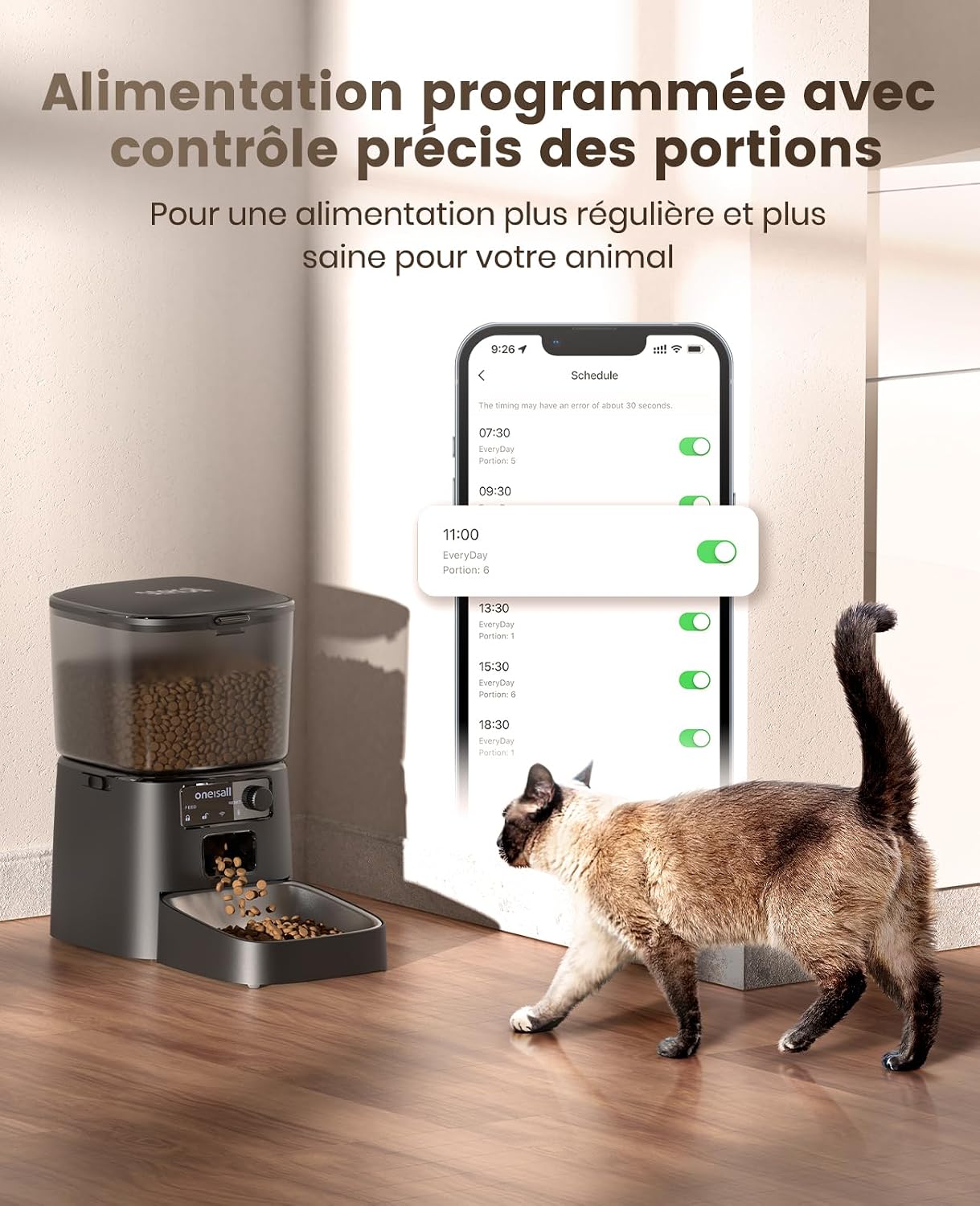 Distributeur de croquettes automatique oneisall 3,5 L noir avec gamelle inox, vue 3