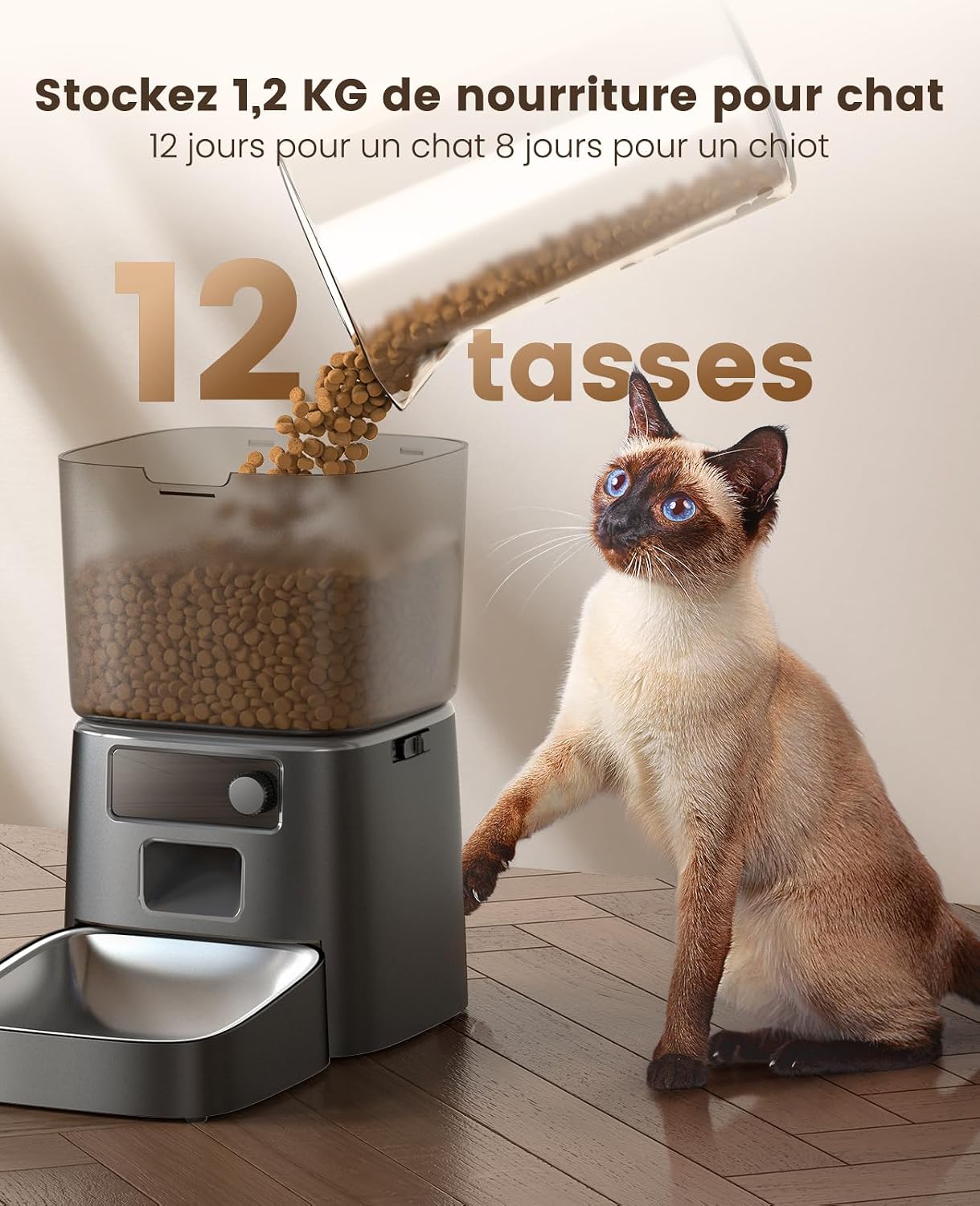 Distributeur de croquettes automatique oneisall 3,5 L noir avec gamelle inox, vue 5