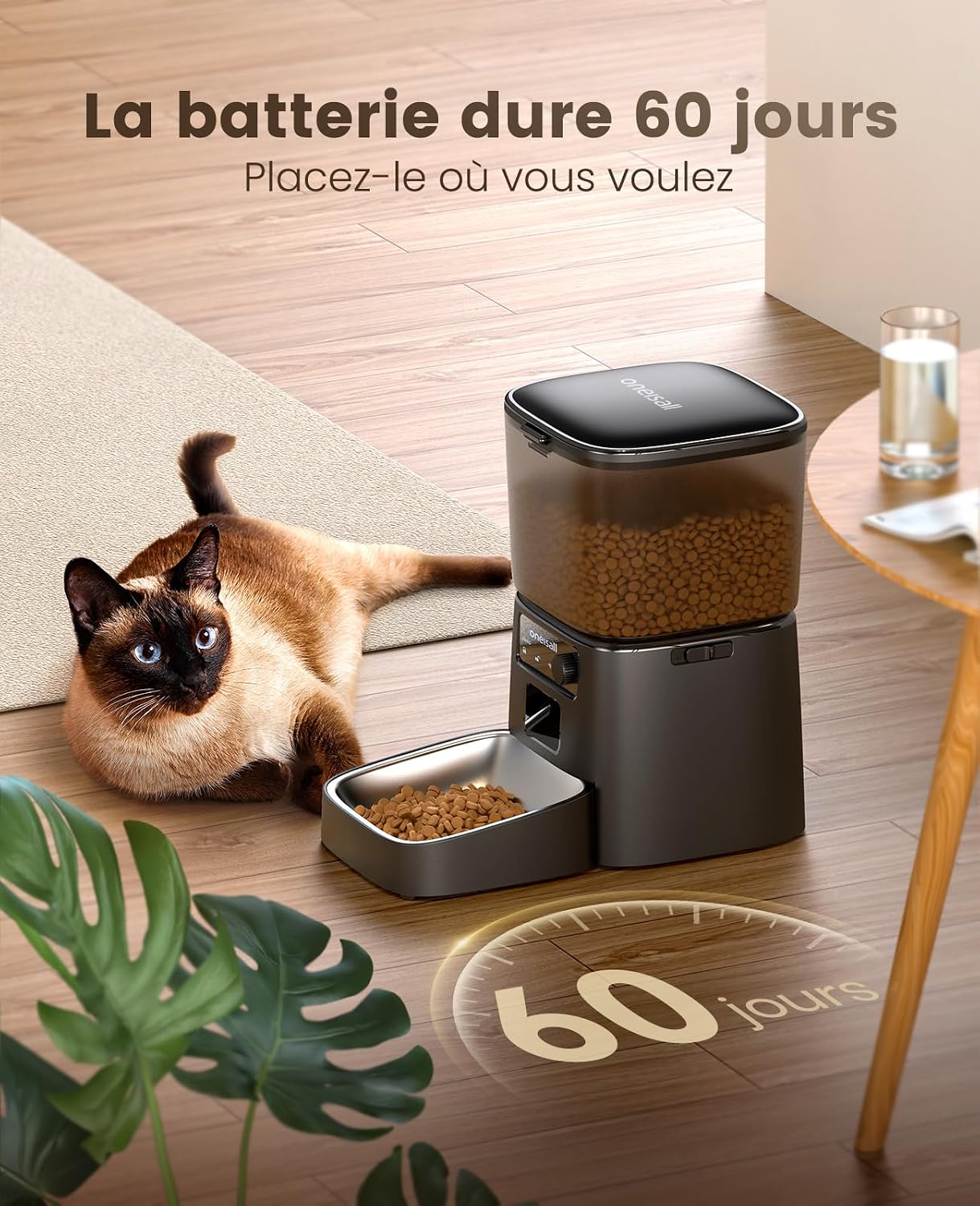 Distributeur de croquettes automatique oneisall 3,5 L noir avec gamelle inox, vue 6