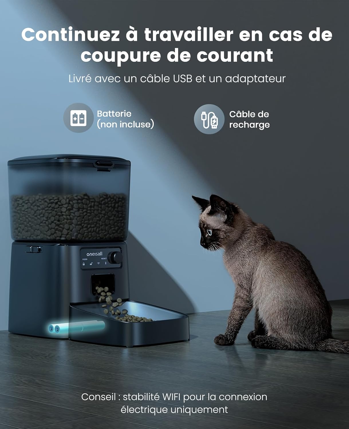 Distributeur de croquettes automatique oneisall 3,5 L noir avec gamelle inox, vue 7