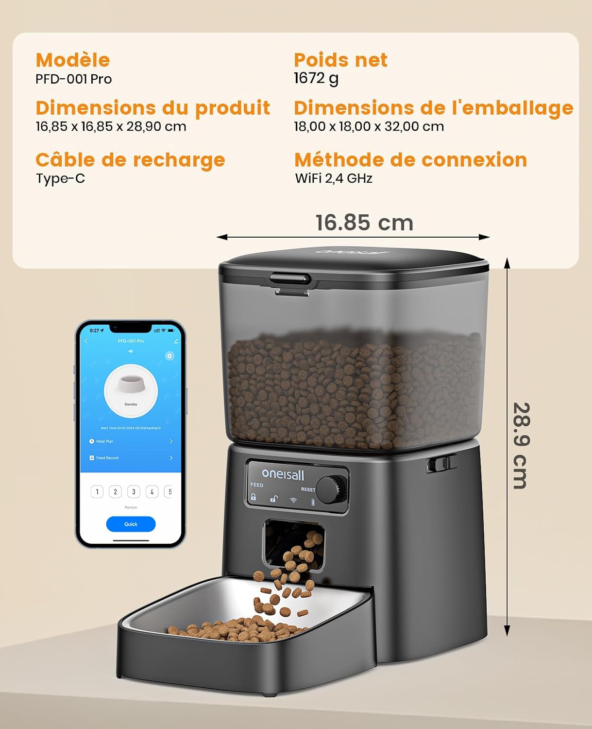 Distributeur de croquettes automatique oneisall 3,5 L noir avec gamelle inox, vue 9
