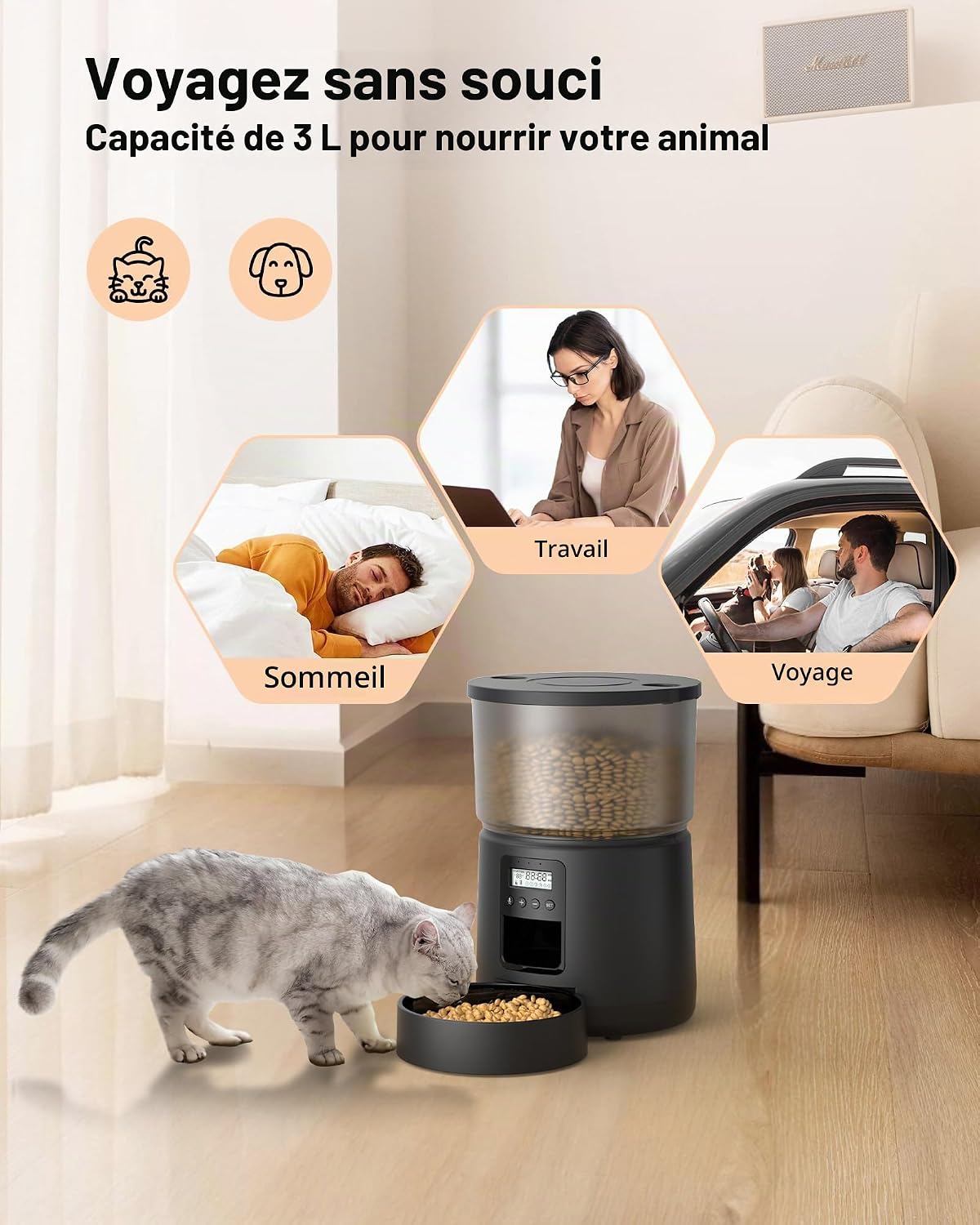 Distributeur de croquettes automatique BEMOONY noir de 3 L, vue 5