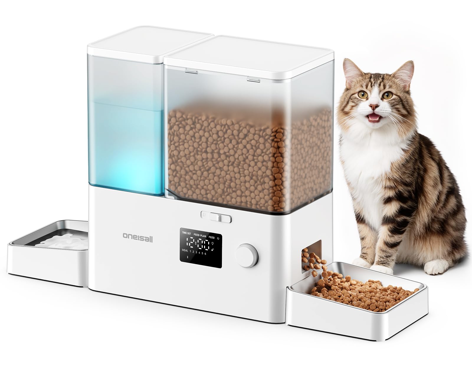 Distributeur de croquettes et d'eau oneisall blanc avec deux gamelles inox