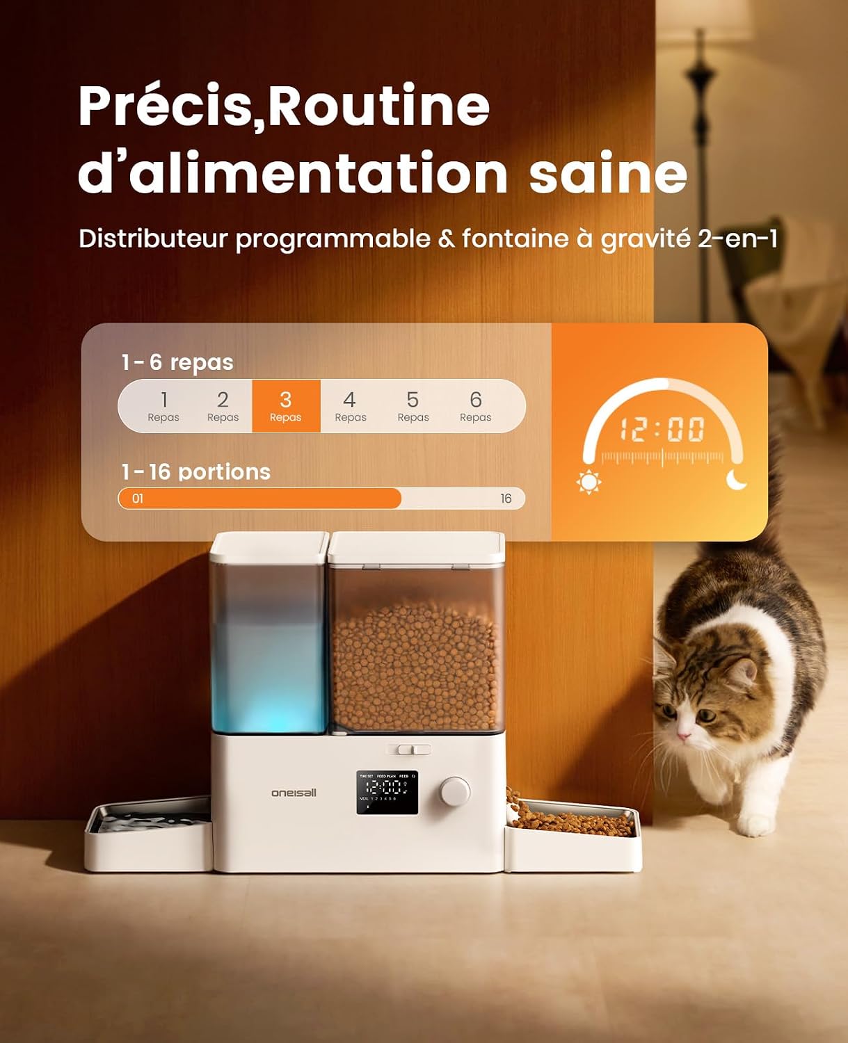 Distributeur de croquettes et deau oneisall blanc avec deux gamelles inox, vue 2