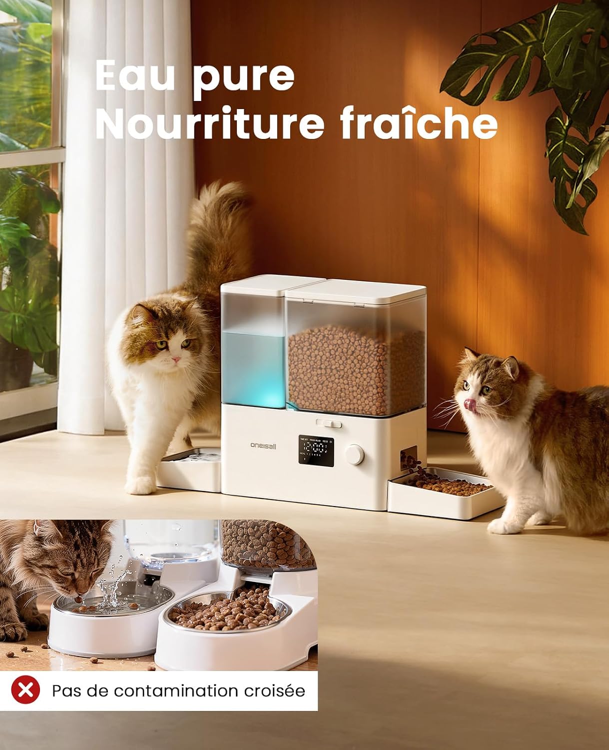 Distributeur de croquettes et deau oneisall blanc avec deux gamelles inox, vue 3