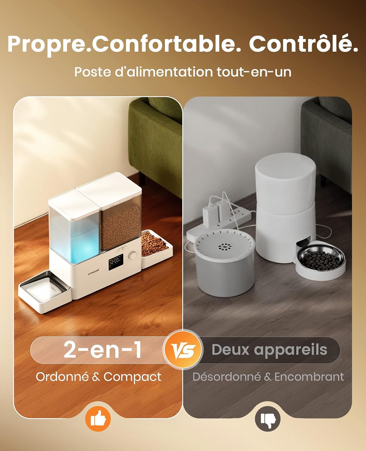 Distributeur de croquettes et deau oneisall blanc avec deux gamelles inox, vue 5