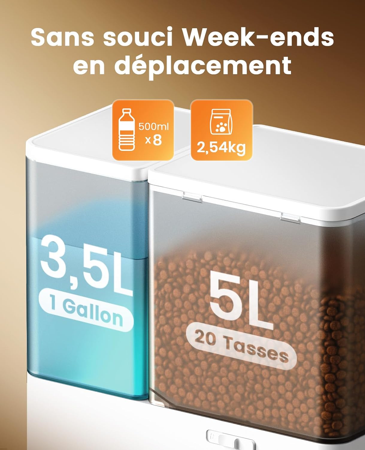 Distributeur de croquettes et deau oneisall blanc avec deux gamelles inox, vue 6