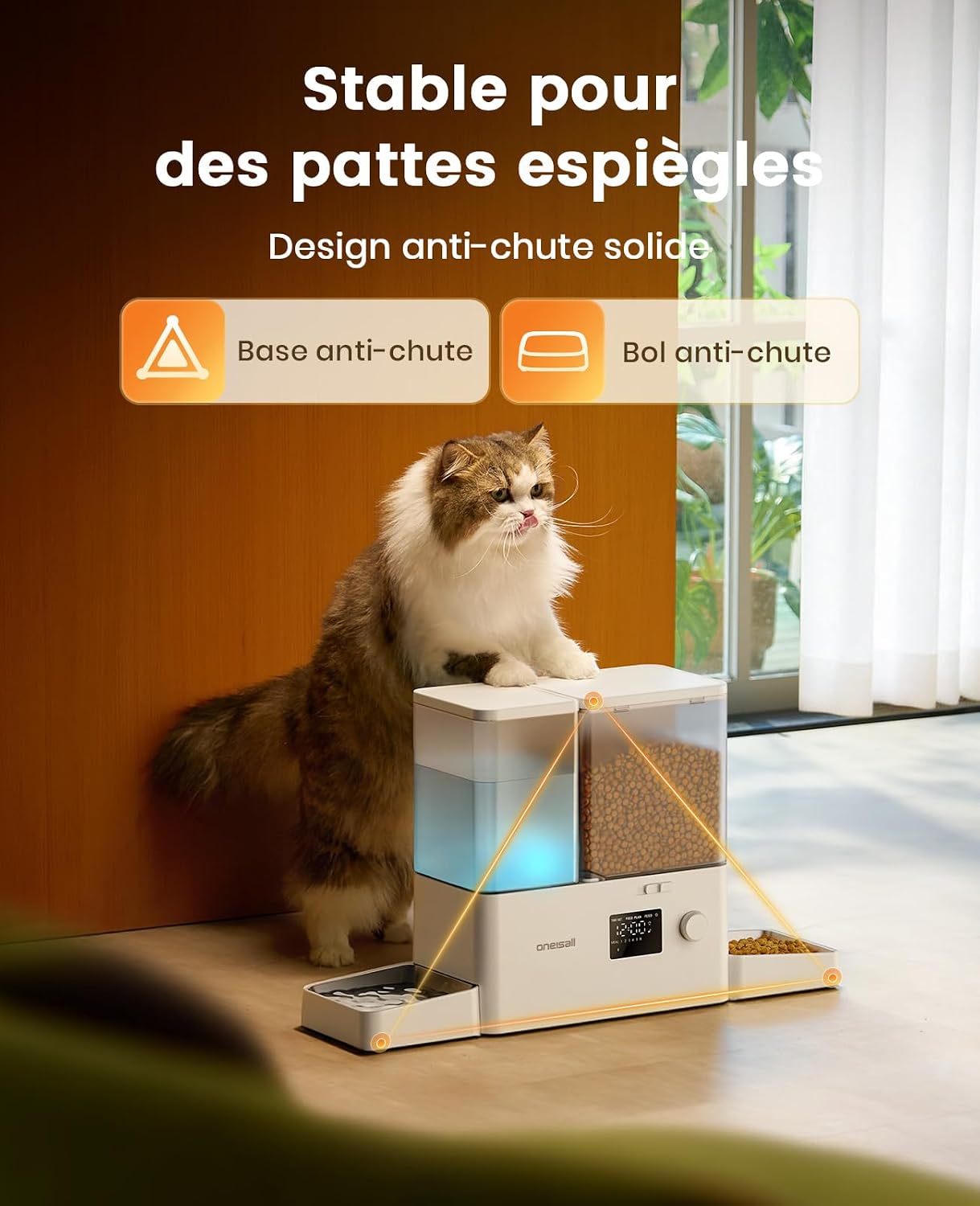 Distributeur de croquettes et deau oneisall blanc avec deux gamelles inox, vue 7