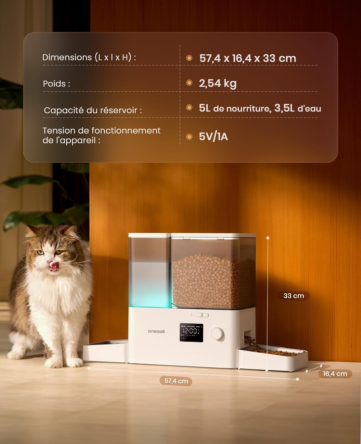 Distributeur de croquettes et deau oneisall blanc avec deux gamelles inox, vue 8