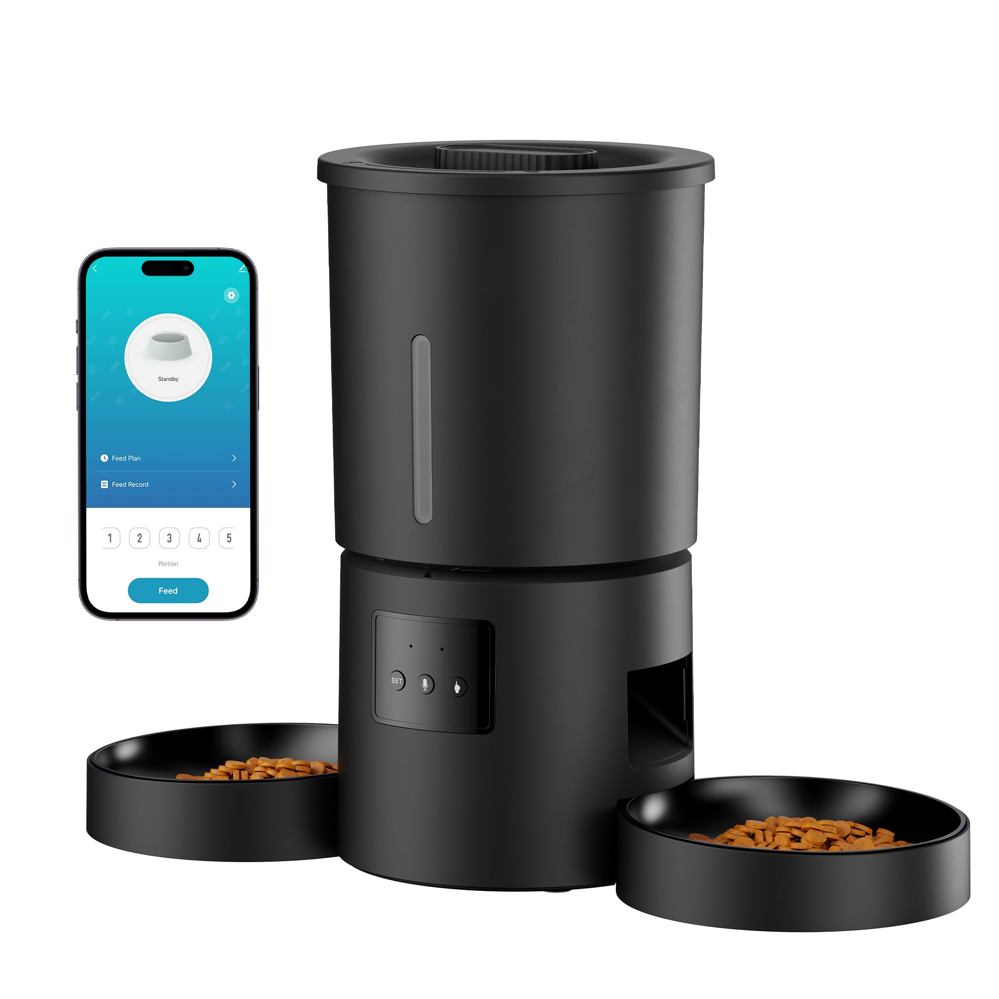 Distributeur de croquettes double AONBOY noir avec deux gamelles