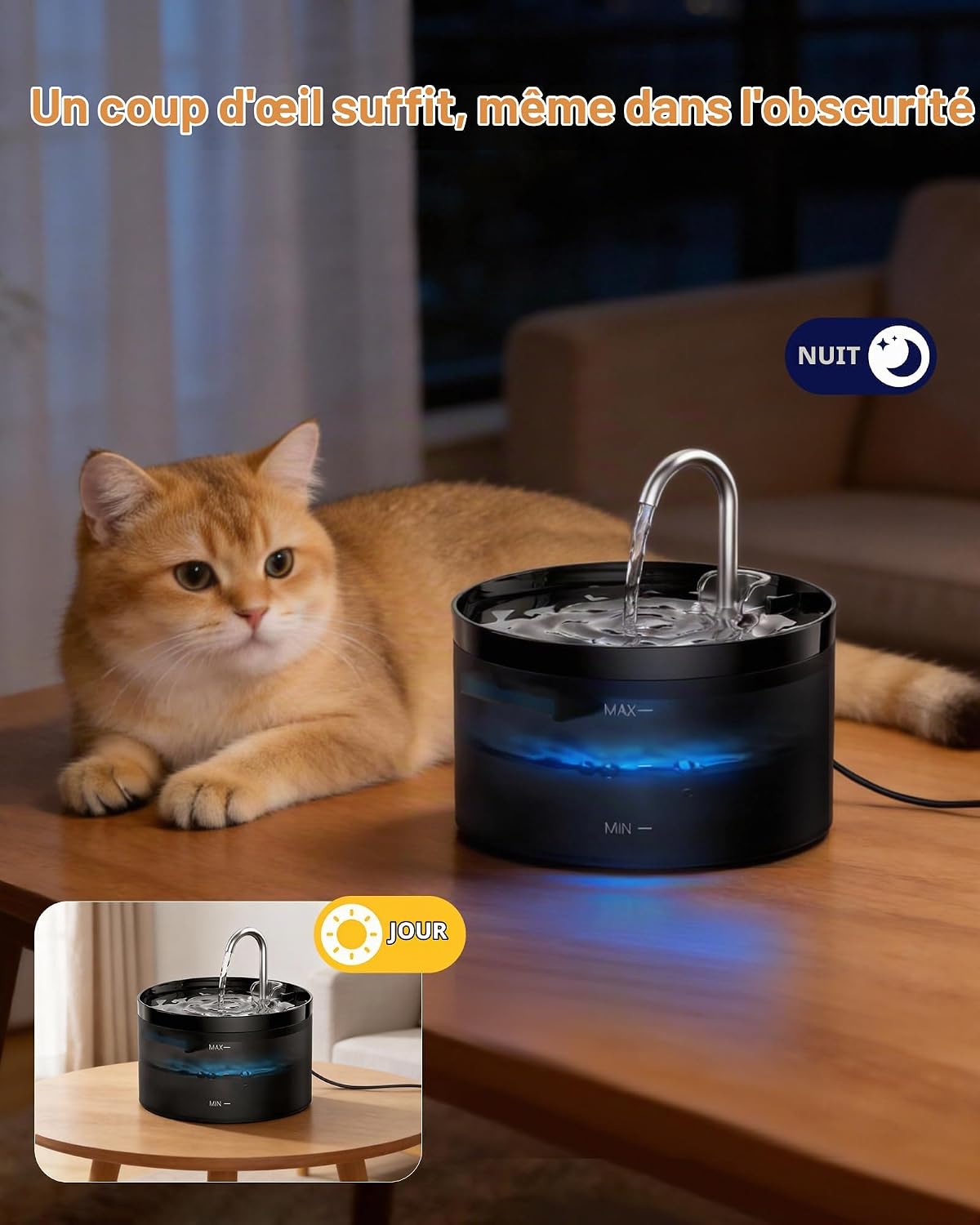 Fontaine à eau pour chat GIOTOHUN noire de 2 L avec réservoir translucide, vue 3