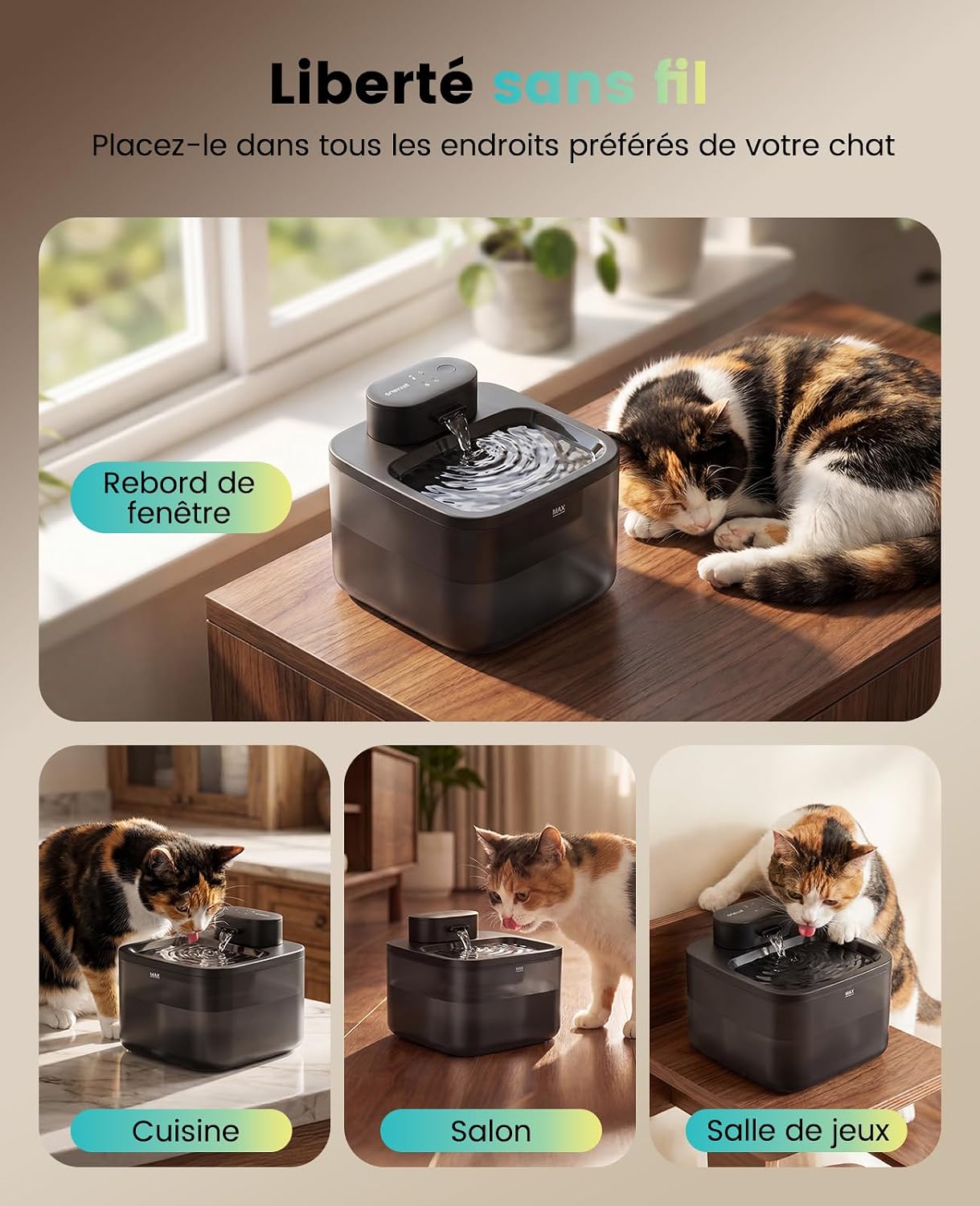 Fontaine à eau sans fil oneisall noire de 2,2 L, vue 2