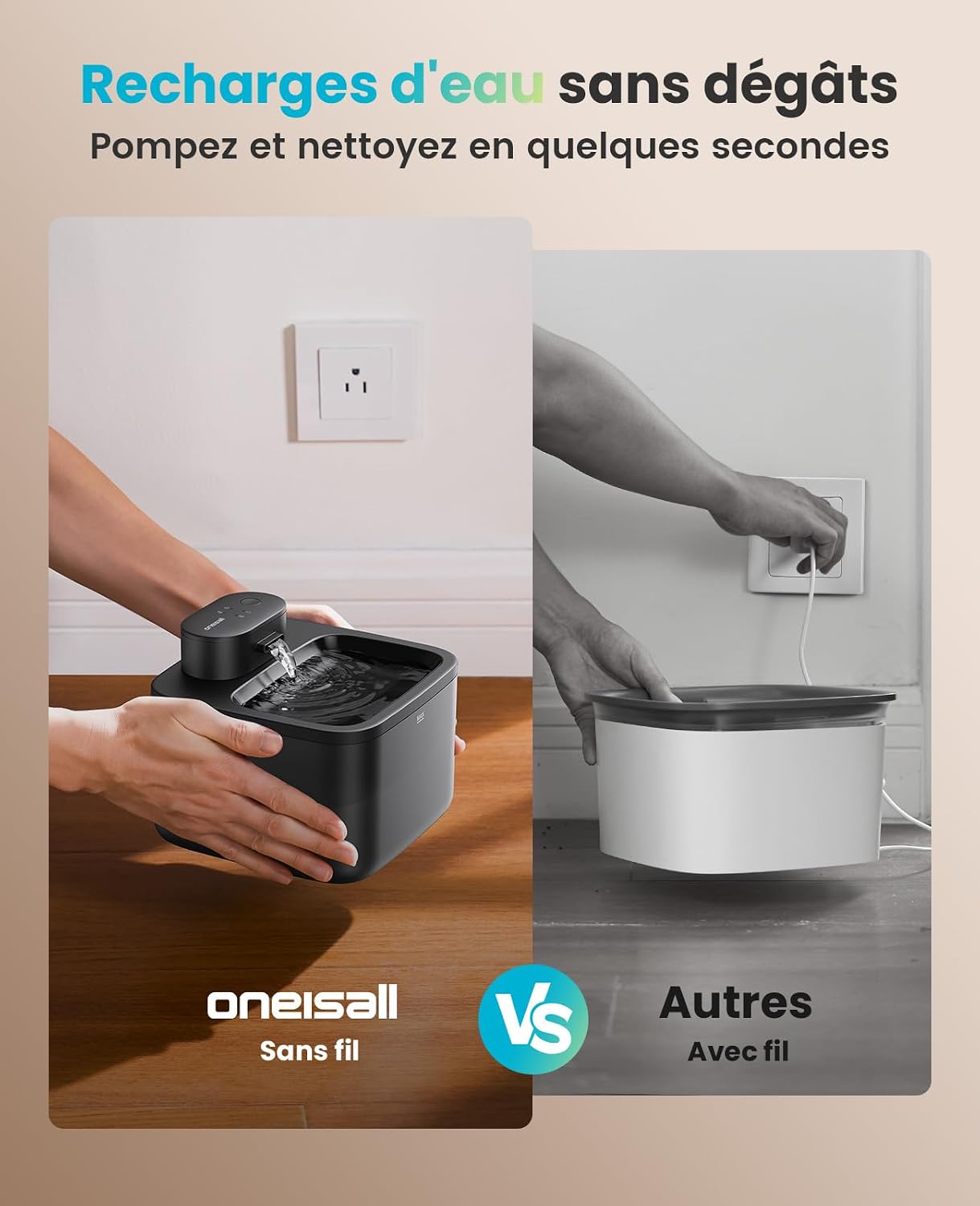 Fontaine à eau sans fil oneisall noire de 2,2 L, vue 9