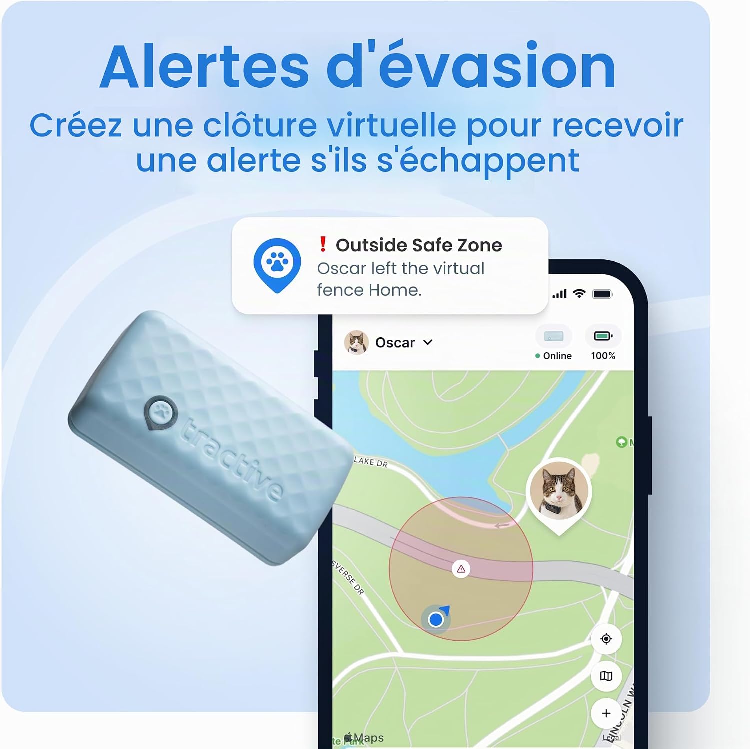 Traceur GPS pour chat Tractive marron avec son collier, vue 3
