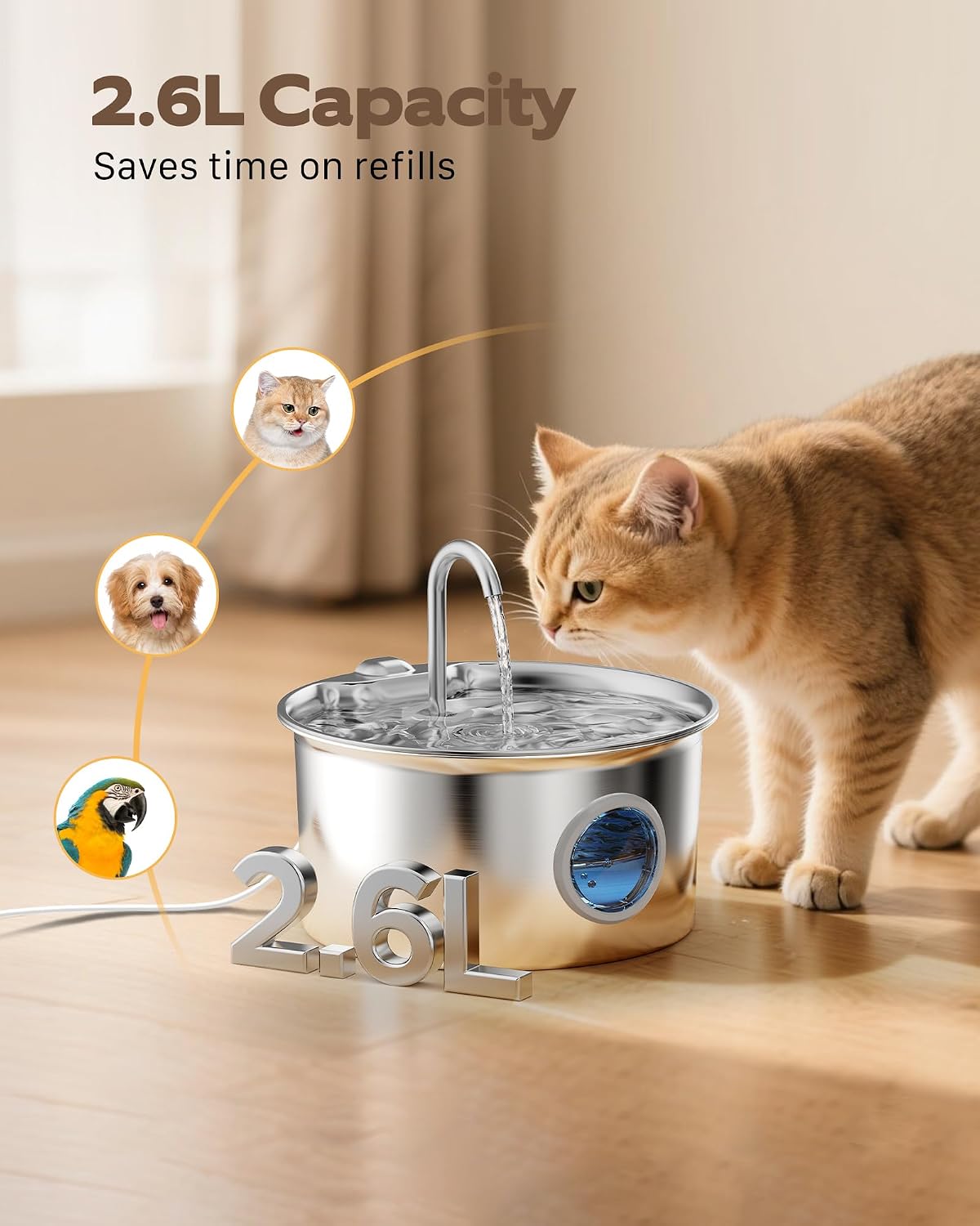 Fontaine à eau pour chat ATMZIQXR en inox argenté avec fenêtre de niveau, vue 2