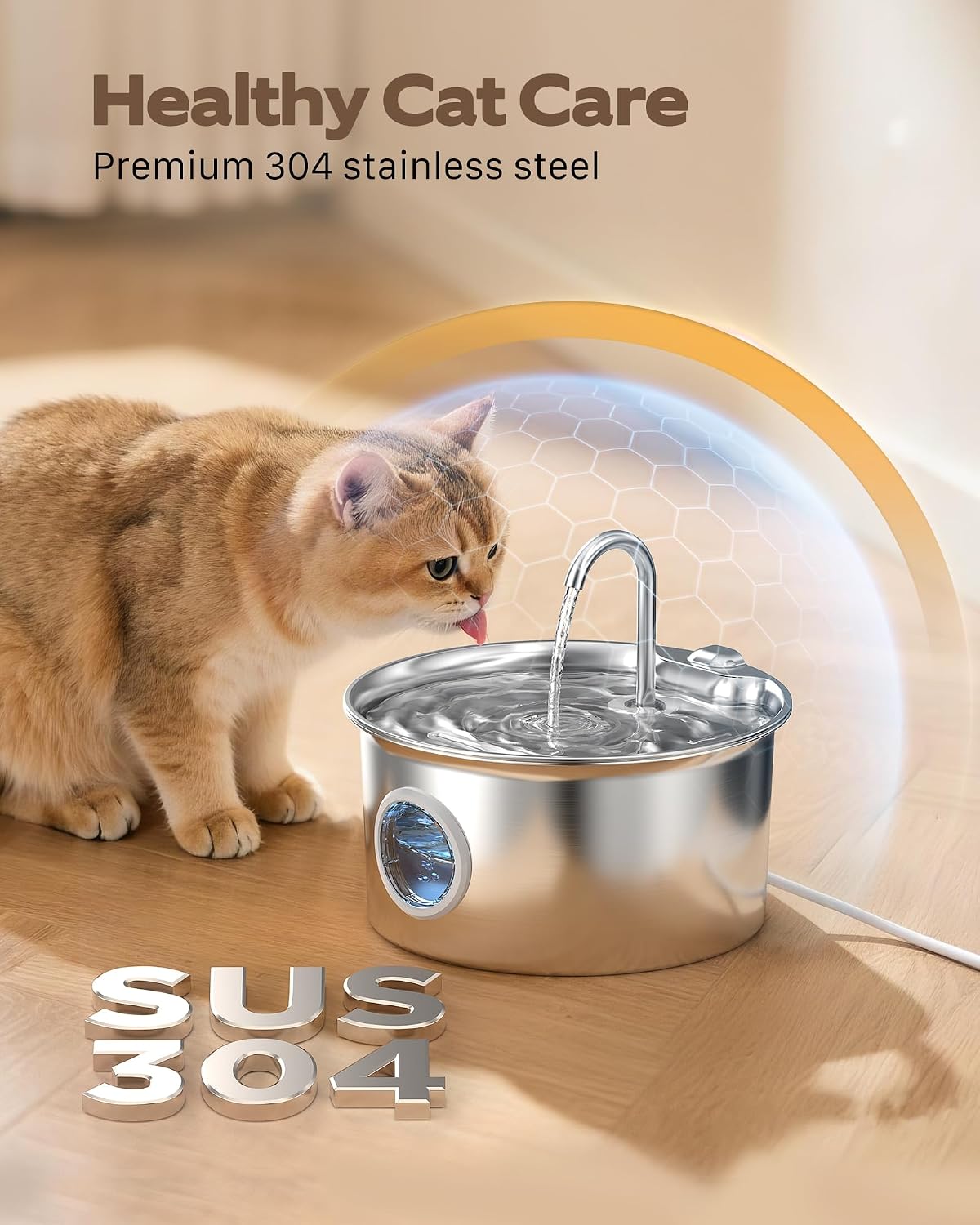 Fontaine à eau pour chat ATMZIQXR en inox argenté avec fenêtre de niveau, vue 3