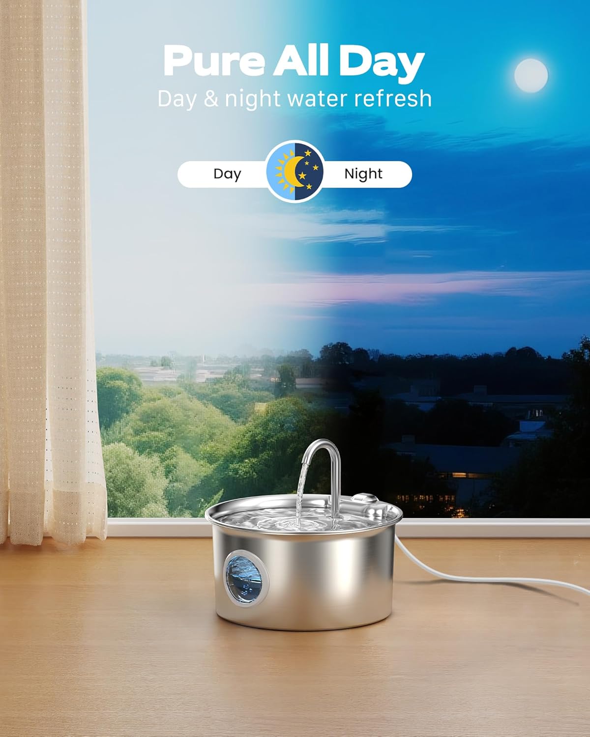 Fontaine à eau pour chat ATMZIQXR en inox argenté avec fenêtre de niveau, vue 4