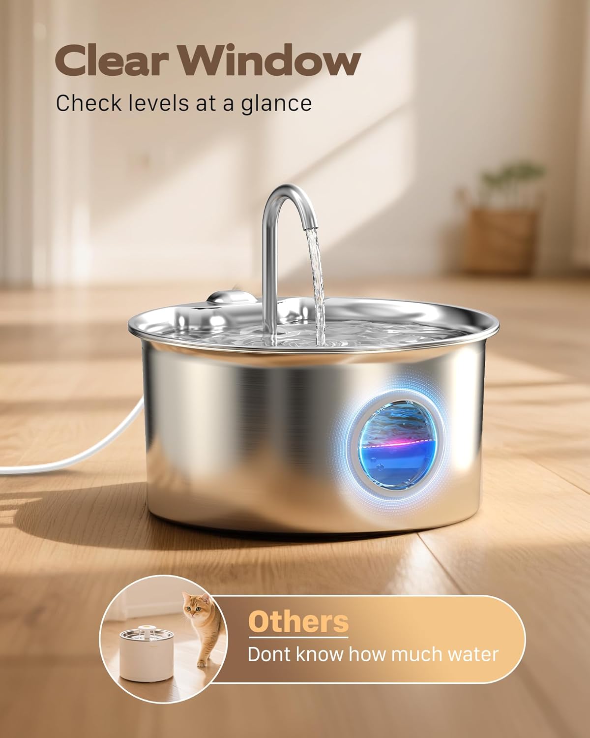 Fontaine à eau pour chat ATMZIQXR en inox argenté avec fenêtre de niveau, vue 5