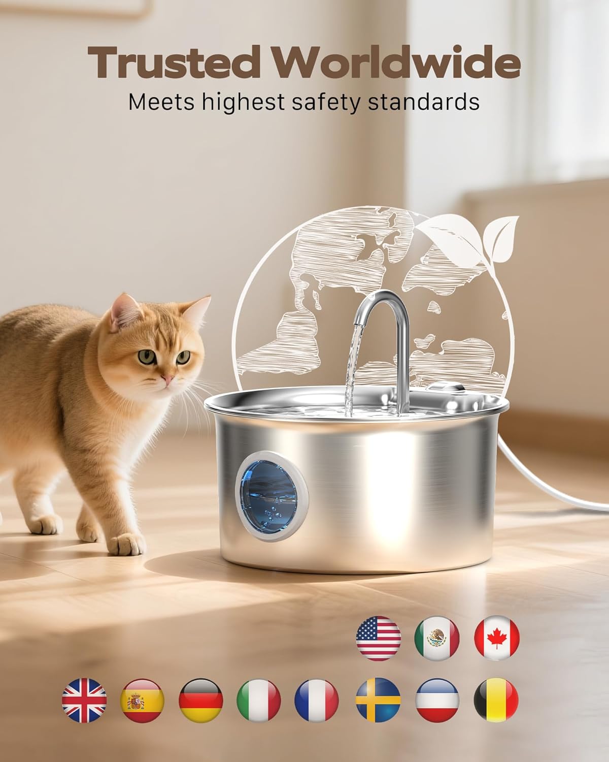 Fontaine à eau pour chat ATMZIQXR en inox argenté avec fenêtre de niveau, vue 9
