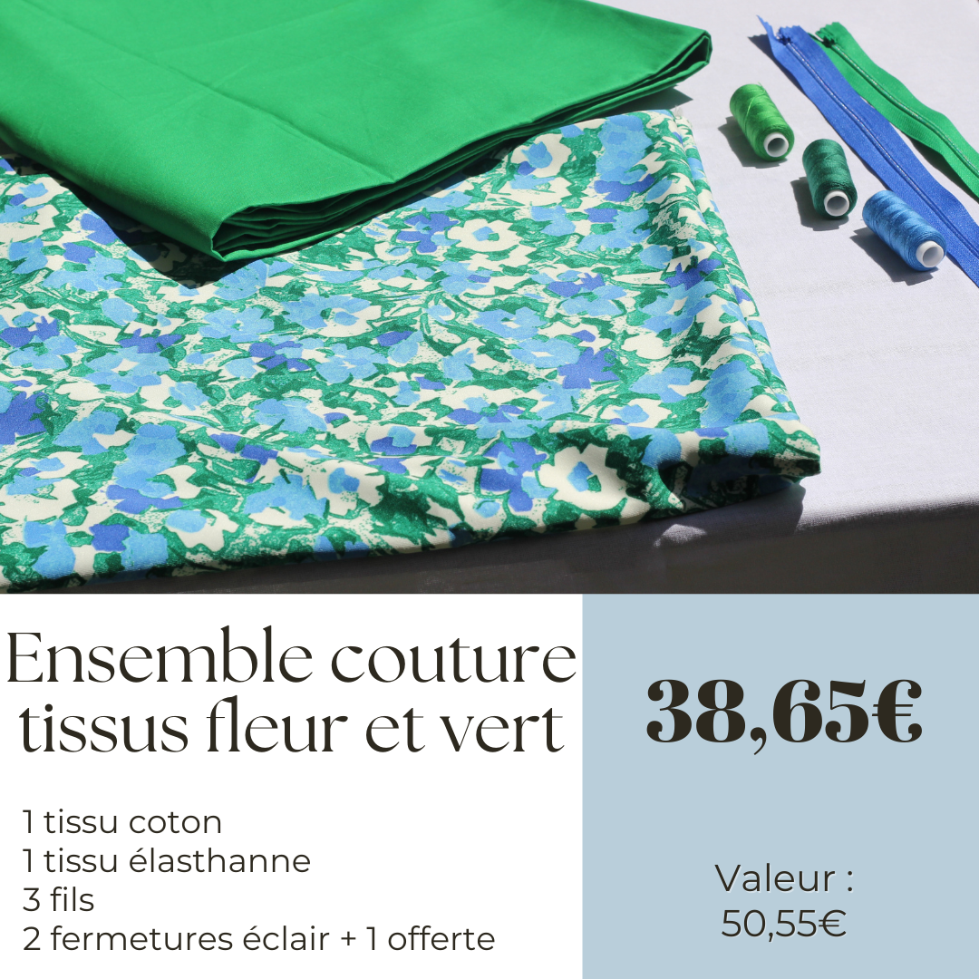 Kit couture tissus et fil - vert et fleur (6)
