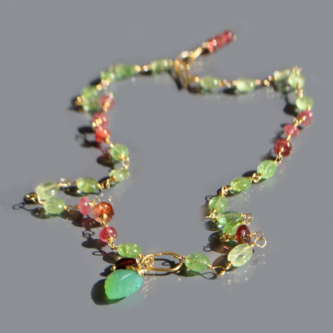 Collier Grenat Vert Tsavorite et Tourmaline Rose en Or 14K