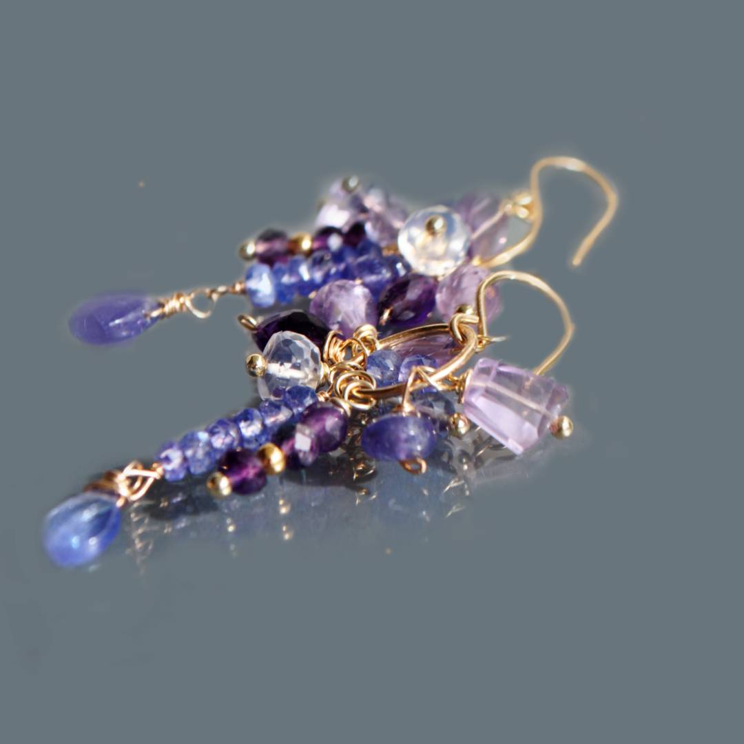 Boucle doreille pendant grappe tanzanite améthyste