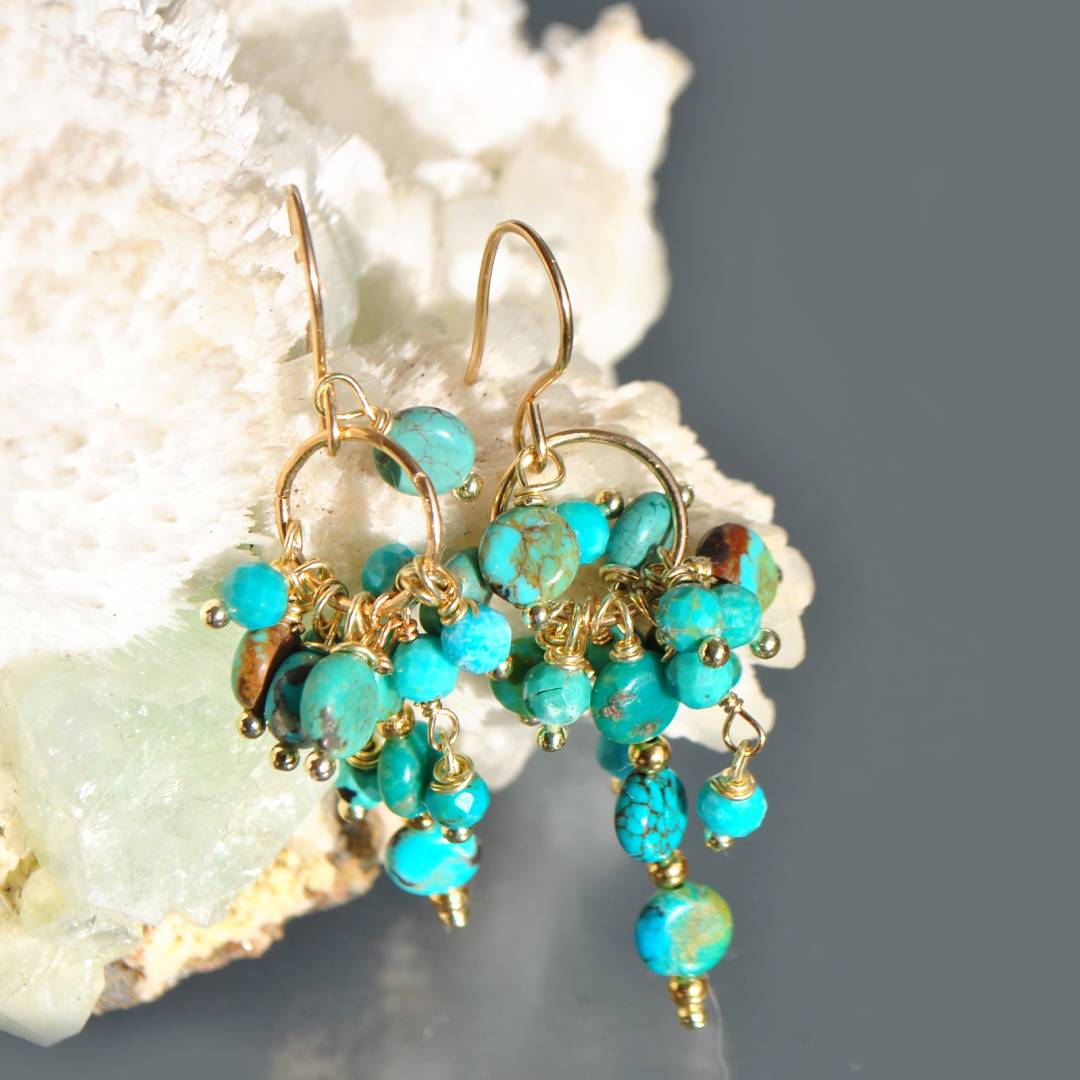 Boucle doreille pendant grappe turquoise-5