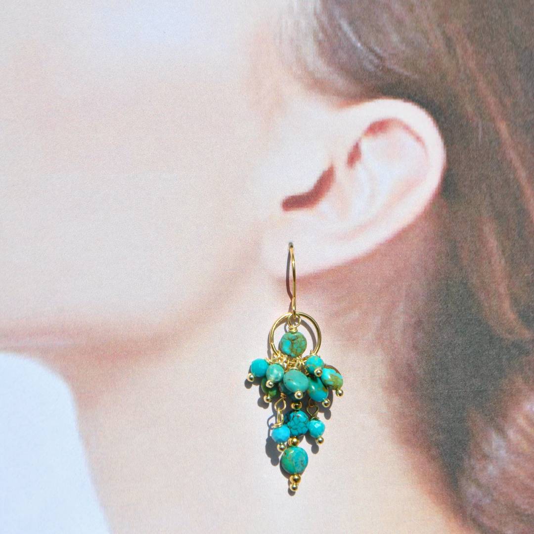 Boucle doreille pendant grappe turquoise-A