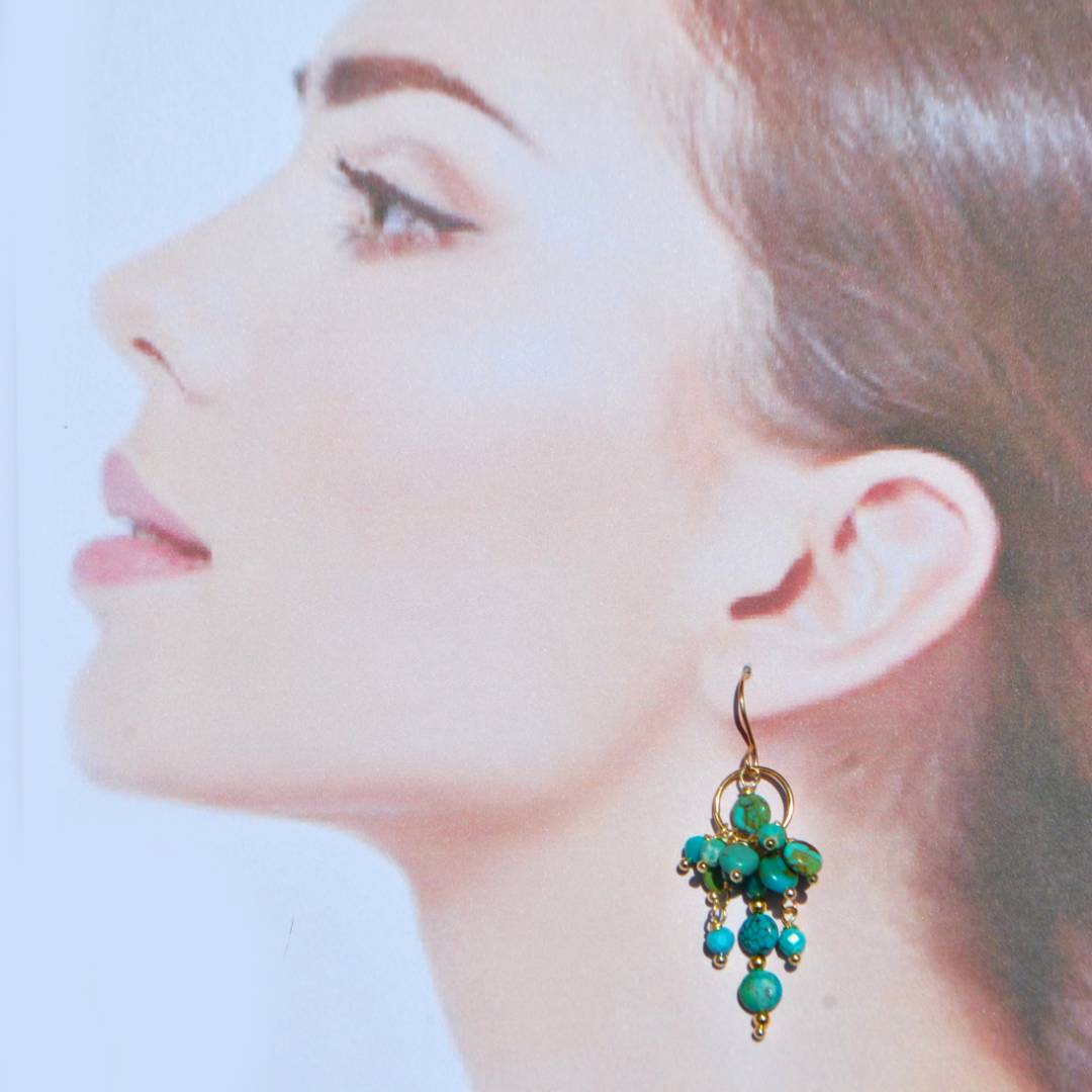 Boucle doreille pendant grappe turquoise-B
