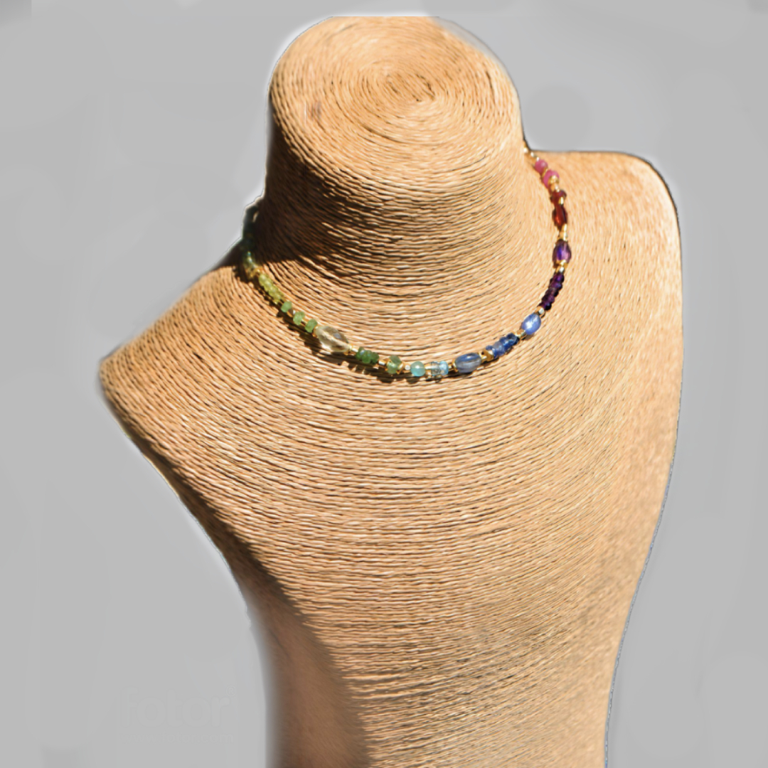 Collier choker multi pierres précieuses Arc en ciel Or14K-buste