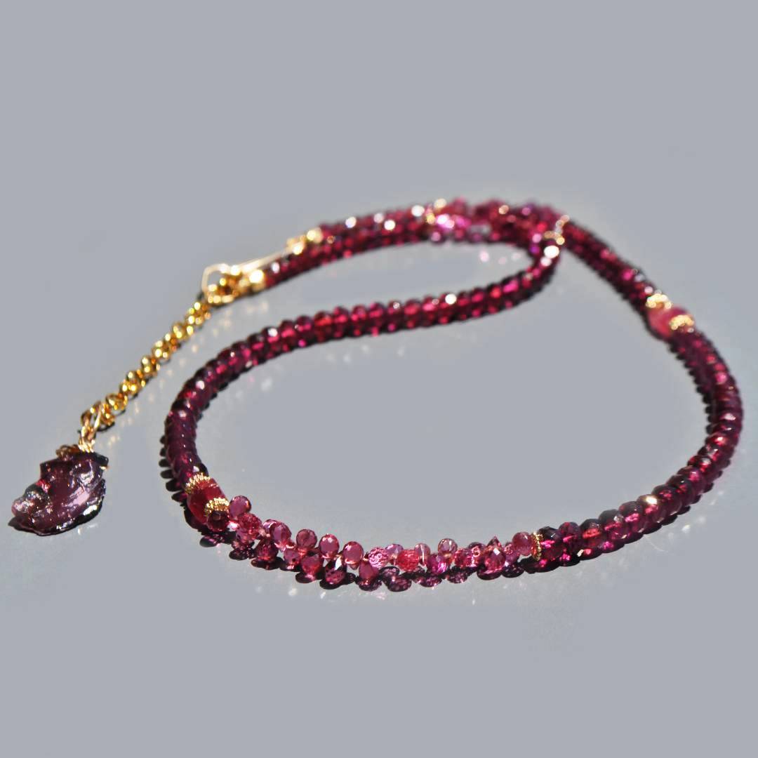 Collier Tourmaline rose Rubellite et Grenat rhodolite Or14K