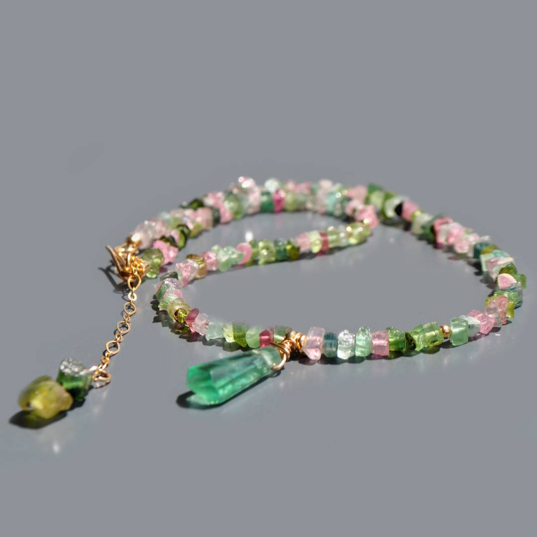 Collier tourmaline brute pastèque fluorite verte-2