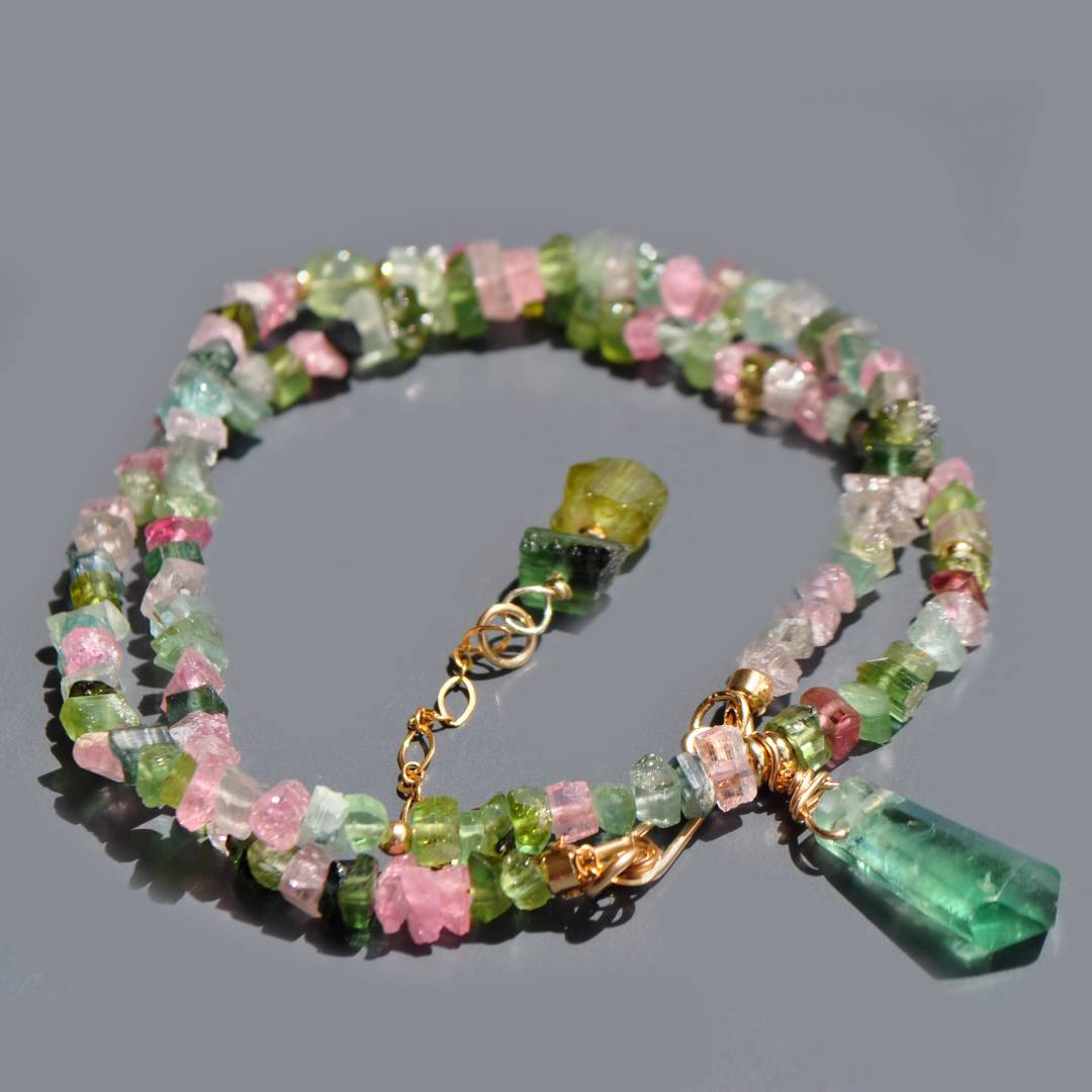 Collier tourmaline brute pastèque fluorite verte -4