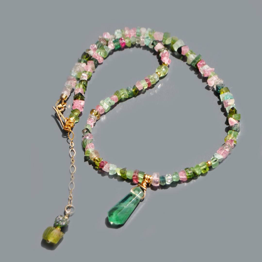 Collier tourmaline brute pastèque fluorite verte -3