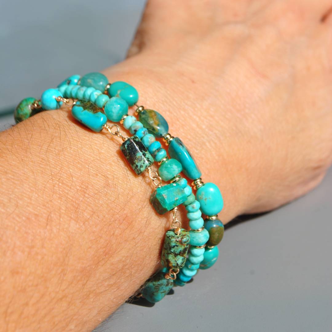 bracelet 3 rangs turquoise multi pierres -B