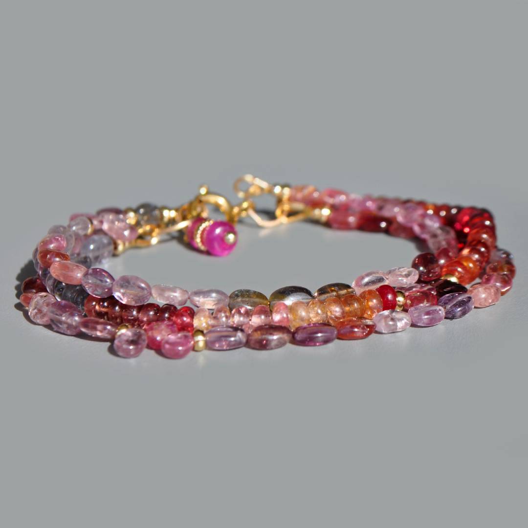 bracelet 3 rangs spinelle rose parme-2