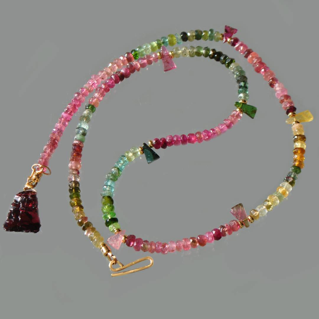 Collier Tourmaline multicolore Grenat brut Or 14K