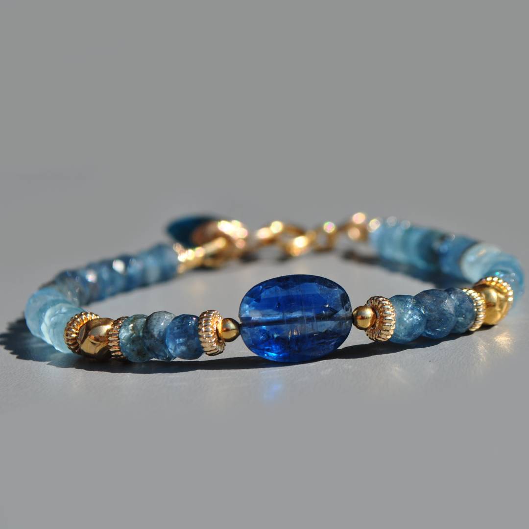 Bracelet Pierres Fines Aigue-marine, Topaze, Tanzanite, Apatite - Or Rempli - 18,5 Cm - Neuf