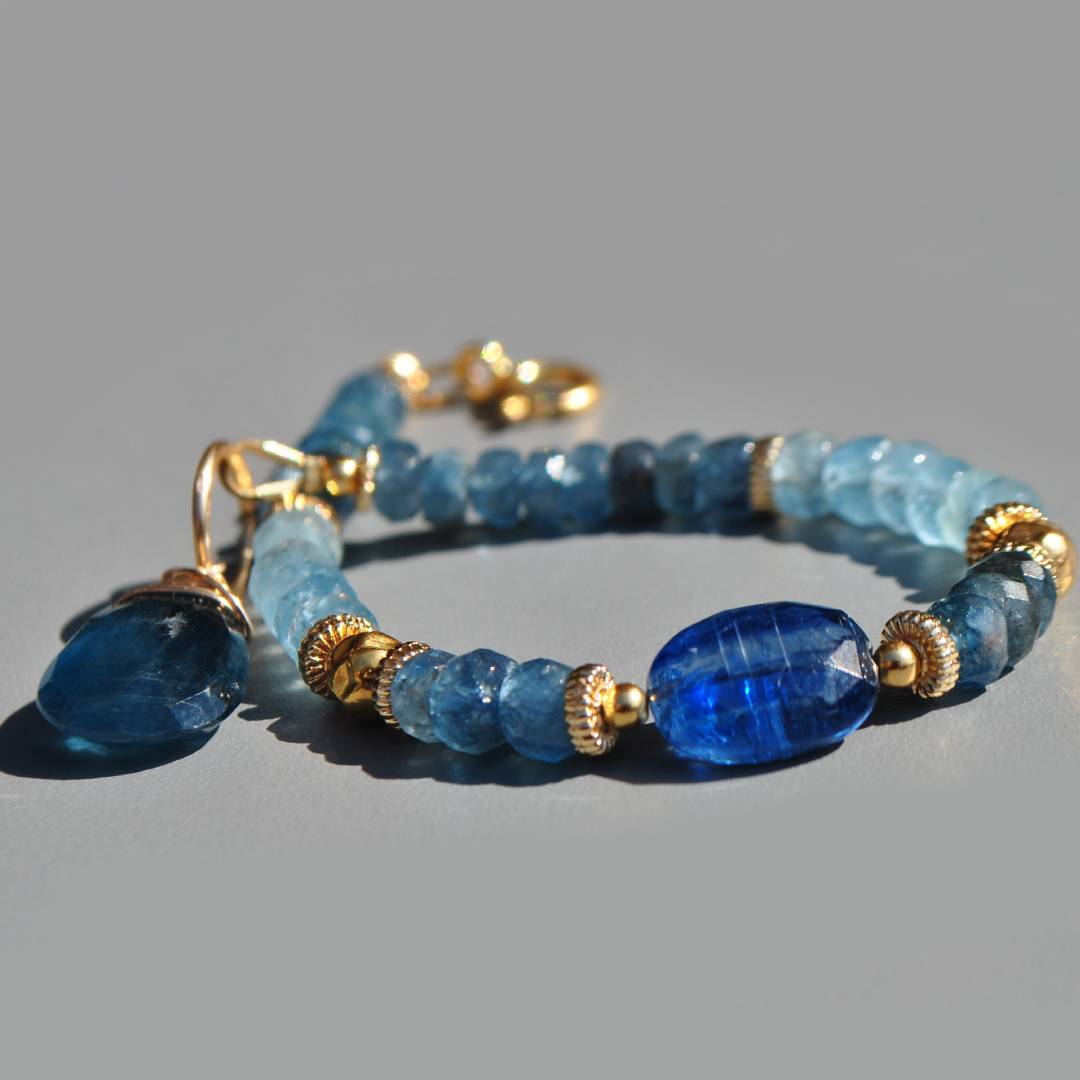 Bracelet Pierres Fines Aigue-marine, Topaze, Tanzanite, Apatite - Or Rempli - 18,5 Cm - Neuf