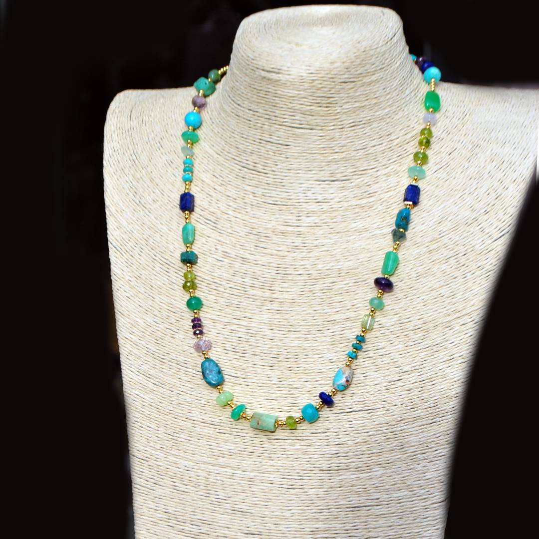 Collier mi long Multi Pierres naturelles Chrysoprase Turquoise Améthyste Lapis Péridot-B