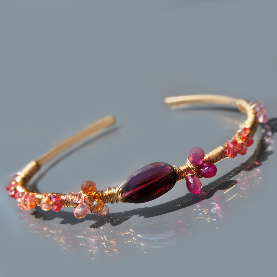 Bracelet jonc Or14K Grenat et saphir rose